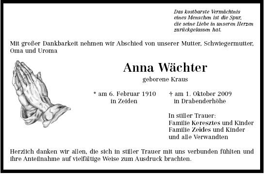 Kraus Anna 1910-2009 Todesanzeige